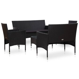 5-delige Loungeset met kussens poly rattan zwart