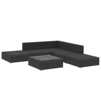 6-delige Loungeset met kussens poly rattan zwart