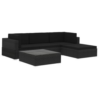 5-delige Loungeset met kussens poly rattan zwart