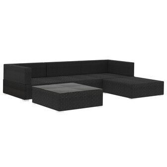 5-delige Loungeset met kussens poly rattan zwart