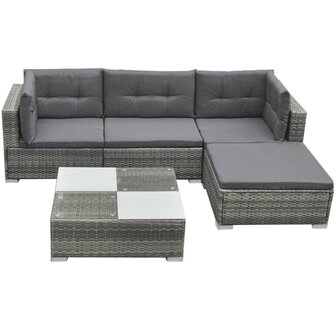 5-delige Loungeset met kussens poly rattan grijs