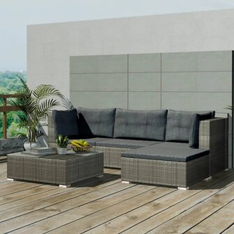 5-delige Loungeset met kussens poly rattan grijs
