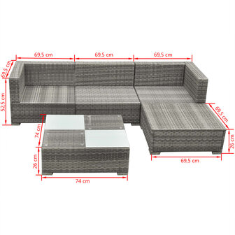 5-delige Loungeset met kussens poly rattan grijs