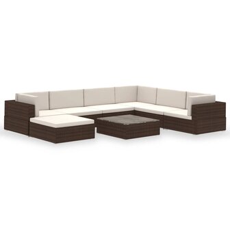 8-delige Loungeset met kussens poly rattan bruin