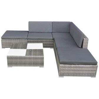 6-delige Loungeset met kussens poly rattan grijs