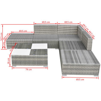 6-delige Loungeset met kussens poly rattan grijs