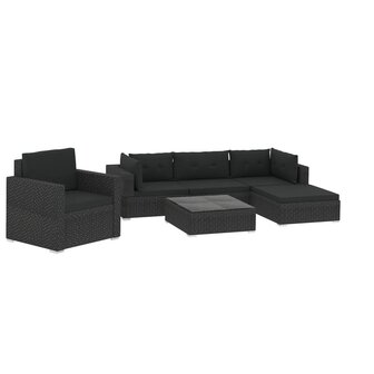 6-delige Loungeset met kussens poly rattan zwart