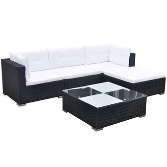5-delige Loungeset met kussens poly rattan zwart