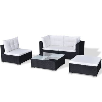 5-delige Loungeset met kussens poly rattan zwart