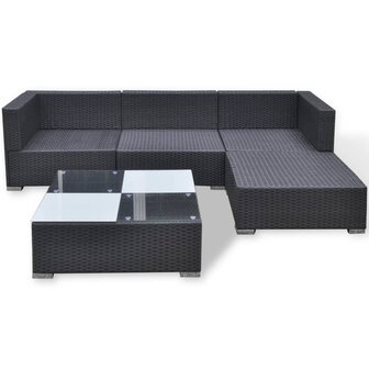 5-delige Loungeset met kussens poly rattan zwart