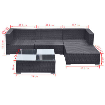 5-delige Loungeset met kussens poly rattan zwart