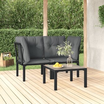 3-delige Loungeset met kussens poly rattan zwart en grijs