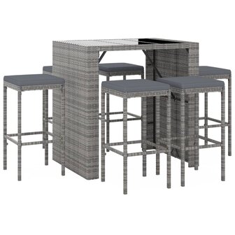 7-delige Tuinbarset met kussens poly rattan grijs