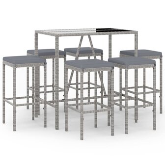 7-delige Tuinbarset met kussens poly rattan grijs