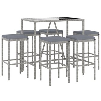 7-delige Tuinbarset met kussens poly rattan grijs