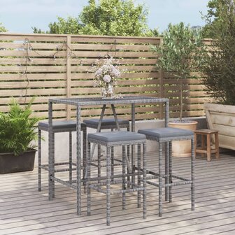 5-delige Tuinbarset met kussens poly rattan grijs