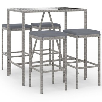 5-delige Tuinbarset met kussens poly rattan grijs