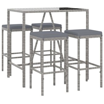 5-delige Tuinbarset met kussens poly rattan grijs