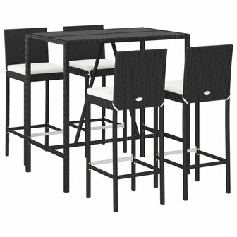 5-delige Tuinbarset met kussens poly rattan zwart