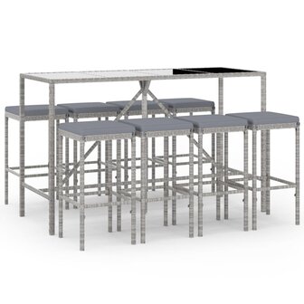9-delige Tuinbarset met kussens poly rattan grijs
