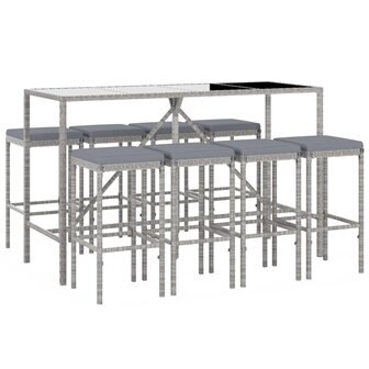 9-delige Tuinbarset met kussens poly rattan grijs