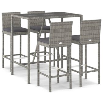 5-delige Tuinbarset met kussens poly rattan grijs