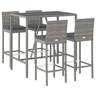 5-delige Tuinbarset met kussens poly rattan grijs