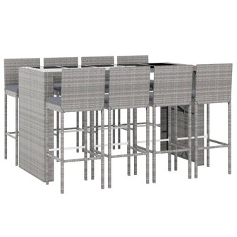 9-delige Tuinbarset met kussens poly rattan grijs