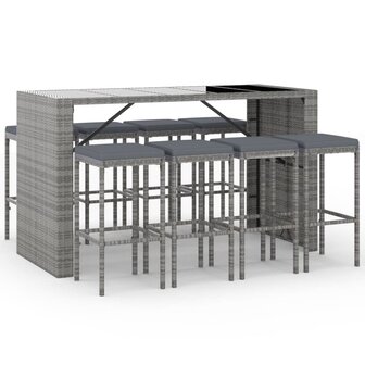 9-delige Tuinbarset met kussens poly rattan grijs