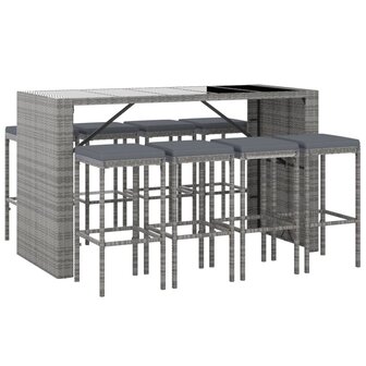 9-delige Tuinbarset met kussens poly rattan grijs