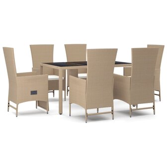 7-delige Tuinset met kussens poly rattan beige