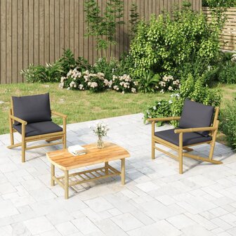3-delige Loungeset met kussens bamboe donkergrijs
