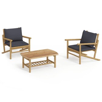 3-delige Loungeset met kussens bamboe donkergrijs