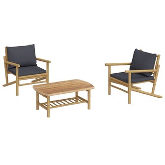 3-delige Loungeset met kussens bamboe donkergrijs