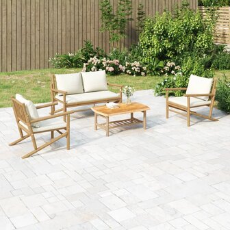 4-delige Loungeset met kussens bamboe cr&egrave;mewit