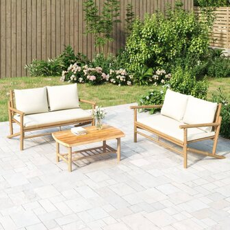 3-delige Loungeset met kussens bamboe cr&egrave;mewit