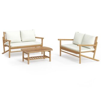 3-delige Loungeset met kussens bamboe cr&egrave;mewit