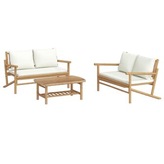 3-delige Loungeset met kussens bamboe cr&egrave;mewit