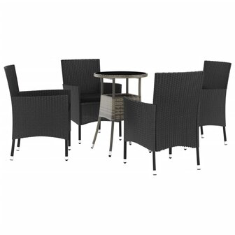 5-delige Bistroset met kussens poly rattan zwart