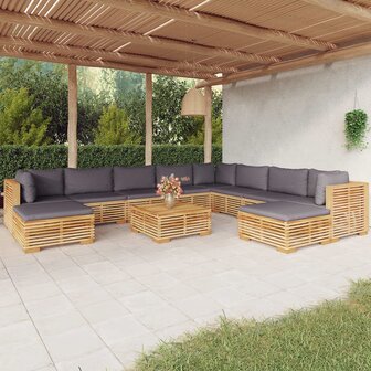 11-delige Loungeset met kussens massief teakhout
