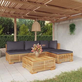 5-delige Loungeset met kussens massief teakhout