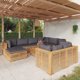 10-delige Loungeset met kussens massief teakhout