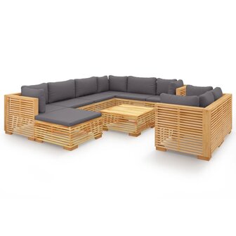 10-delige Loungeset met kussens massief teakhout