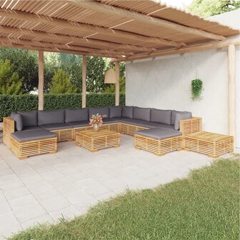 12-delige Loungeset met kussens massief teakhout