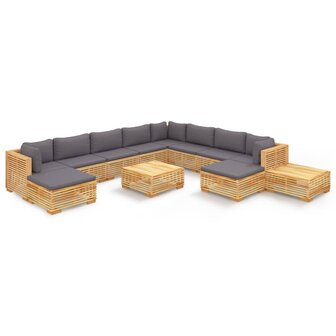 12-delige Loungeset met kussens massief teakhout