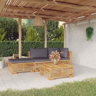 4-delige Loungeset met kussens massief teakhout
