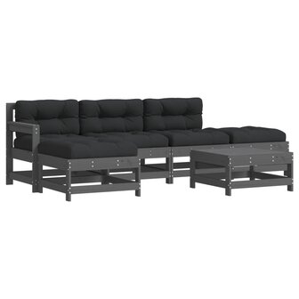 6-delige Loungeset met kussens massief hout grijs
