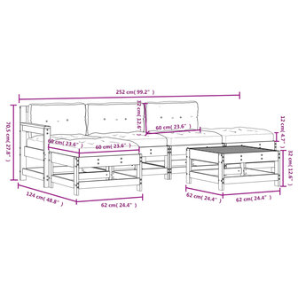 6-delige Loungeset met kussens massief hout grijs
