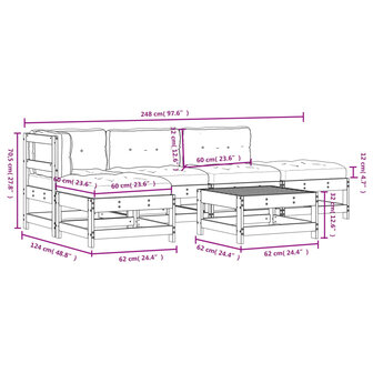 6-delige Loungeset met kussens massief hout