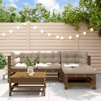 5-delige Loungeset met kussens massief hout honingbruin